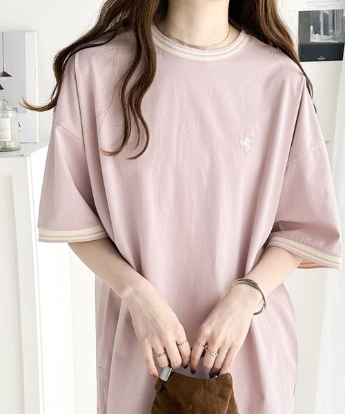 《JaVa ジャバコラボ》大人スポーティー。綿100%シルケット 配色刺繍Tシャツ jv1050074