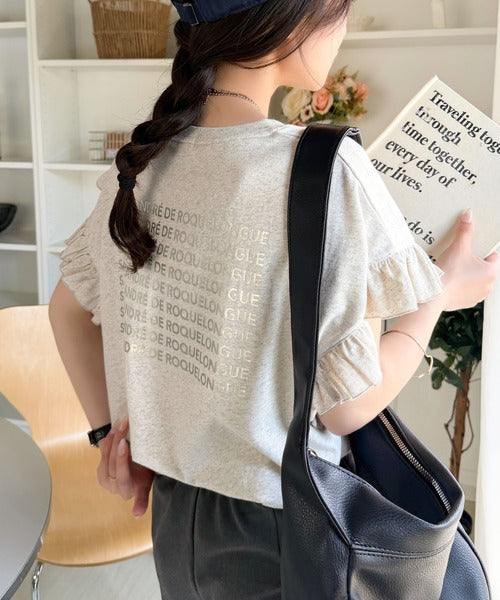 《JaVaジャバコラボ》着るだけで主役級。綿100％バック箔プリント袖フリルTシャツ（半袖） jv1330104