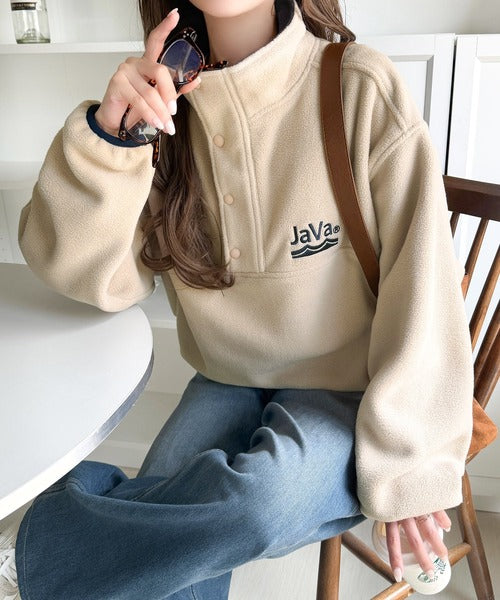《JaVaジャバコラボ》ふんわり暖か。軽量配色フリースハーフジッププルオーバー（オーバーサイズ） jv1240141