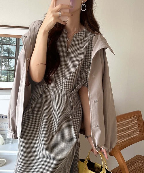 【UVカット・防シワ・吸水速乾機能付き】涼しさも美しさも、さらっと叶える。サッカーランタンスリーブステッチタックワンピース（無地・チェック柄） ce1265039