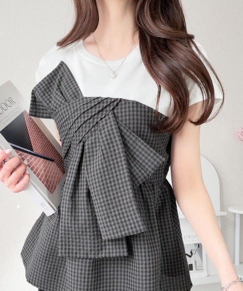 【mily bilet】忙しい朝も悩まない、初夏の一軍トップス。リボンビスチェドッキングTシャツ (半袖) mi1019145