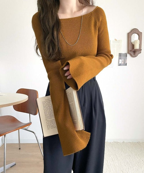 デコルテ美人を叶える、大人の上品アイテム♪ボートネックリブニットトップス（長袖） ce1260447