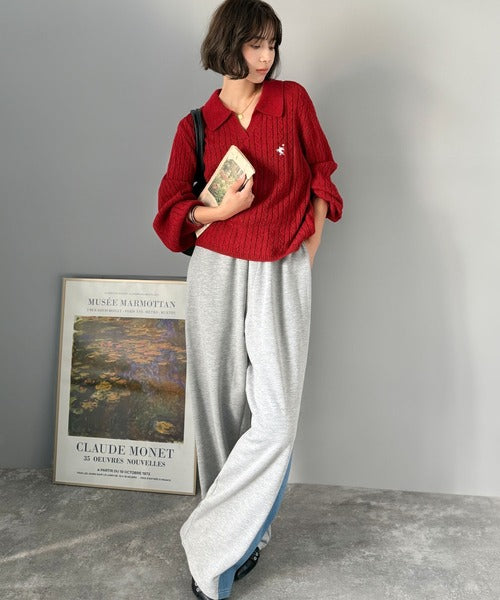 ”品よく華やぐ”。大人のマストバイニット。胸刺繍ケーブル編みポロ襟スキッパーニット ce1050308
