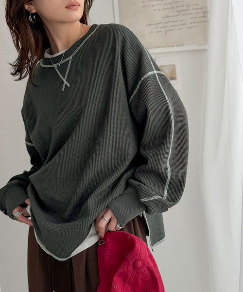 《JaVaジャバ 別注》シンプルなのに格上げ。2way配色ワッフルロンTee jv1260065