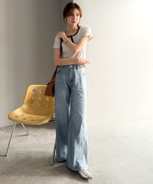 【mily bilet】カジュアルにきらめきを。パールビジューワイドストレートデニムパンツ mi1419001
