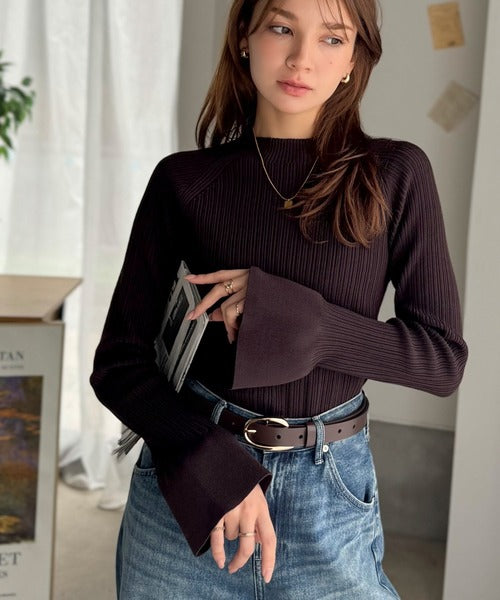 袖にキュン♪大人女子の旬顔トップス。ランダムリブ袖フレアモックネックプルオーバー（長袖） ce1050343