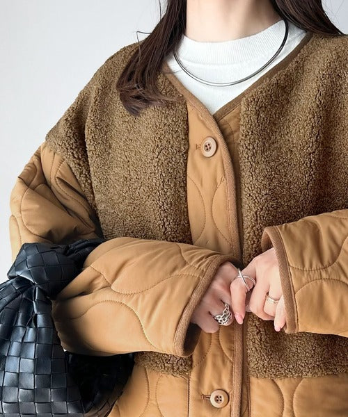 《JaVaジャバコラボ》軽くて暖かい、旬顔ボア切替♪ノーカラーひょうたんキルティングコート jv1240103