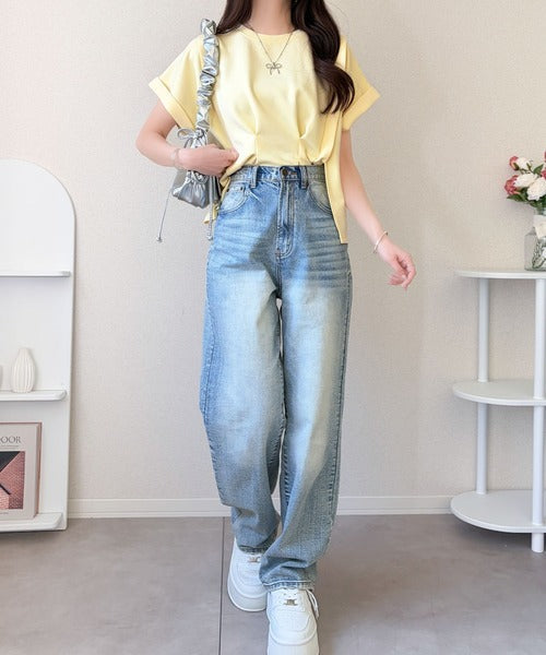 【mily bilet】ウエストラインを細魅せ♪スリット入りタックデザインカットソートップス（半袖） mi1329074