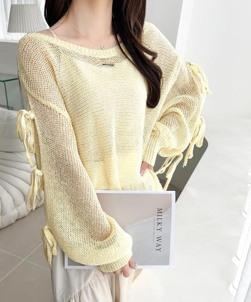 【mily bilet】大人のきらめき。プレートデザイン透かし編み袖リボンラメニット(ワンオフショル2way) mi1259009