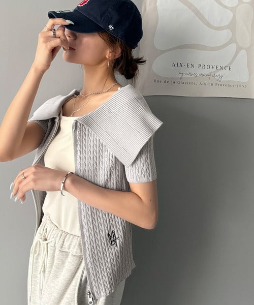 【mily bilet】抜け感レディースタイル。ロゴ刺繍オフショル２WAYダブルジップケーブル柄サマーニット（半袖） mi1029121