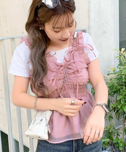 【mily bilet】愛され大人フェミニン。リボン使いフリルオーガンジービスチェキャミソール mi1019072