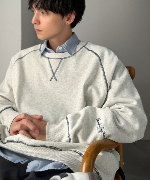 《JaVaジャバコラボ》配色ステッチが映える◎裏起毛ガゼット＆袖刺繍プルオーバー jv1050391