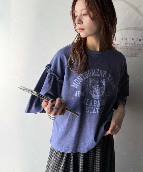 レディなヴィンテージスタイル。綿100％カレッジピグメント袖フリルTシャツ ce1020221