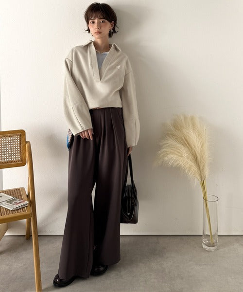【Classical Evon】優しい温もり、上品見え。圧縮ニット襟付きキーネックプルオーバー ev1110143