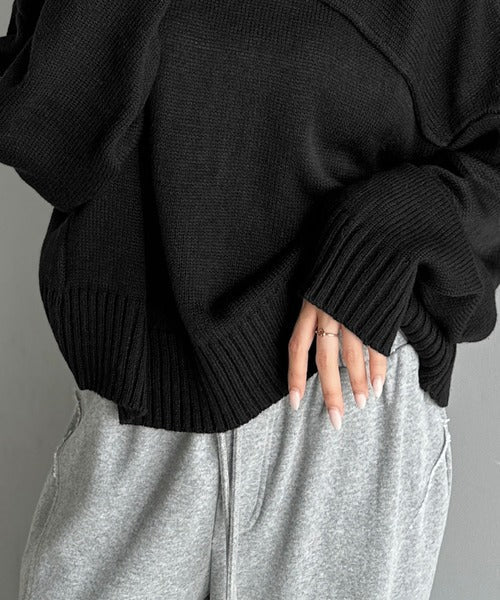 【mily bilet】ゆるっとシルエットが魅せる、大人の余裕。前後２WAYフロント切り替えニットプルオーバー（長袖） mi1329046