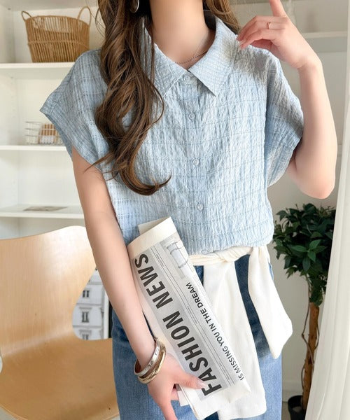 軽やかな透け感で涼しげに魅せる♪チェック柄 シアーフレンチスリーブブラウス ce1010610