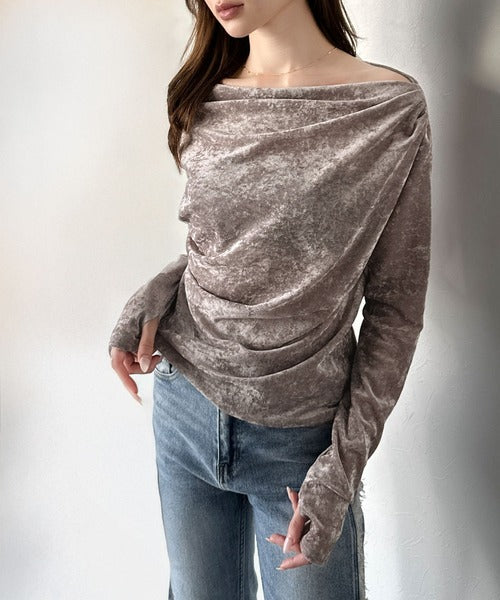 【mily bilet】一歩先のオシャレにアップデート！クラッシュベロアワンオフショルドレーププルオーバー（サムホール付き） mi1269007