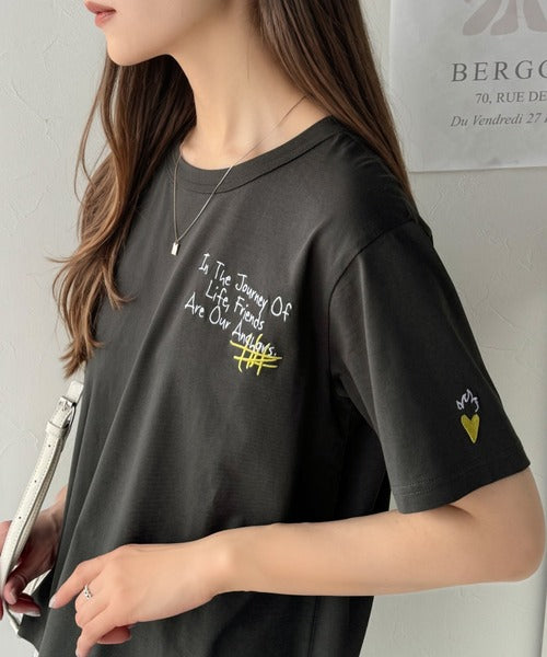 【sustaina+】アートのように刺繍が映える。オーガニックコットン100%らくがき風刺繍 無地＆ボーダー柄半袖Tシャツ ce1260396