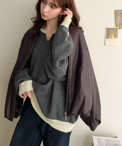 《JaVaジャバコラボ》ざっくり×配色が旬顔。配色スキッパーオーバーサイズ鹿の子編みニット（長袖） jv1410040