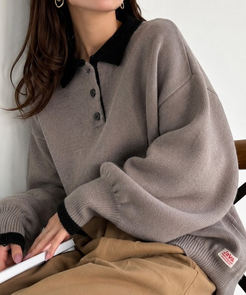 《JaVaジャバコラボ》たっぷりポロが可愛い。配色襟付きヘンリーオーバーサイズニット (長袖) jv1350020