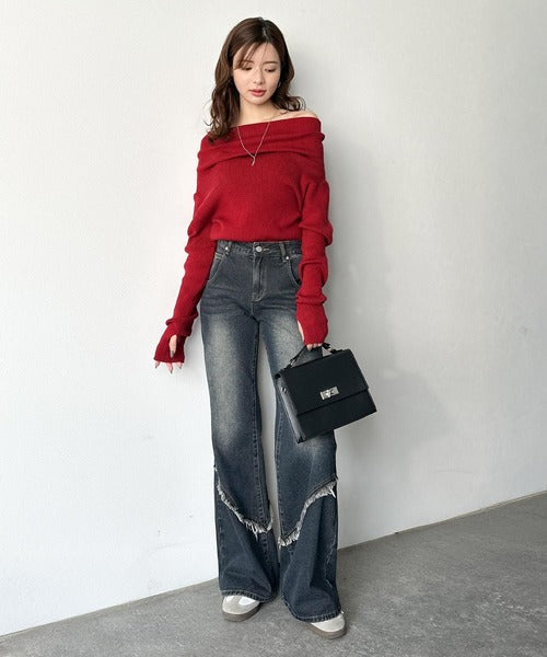 【mily bilet】立体的なシルエットが叶えるデコルテ魅せ♪指穴ドレープ使いファンオフショル２WAYリブニット mi1029137