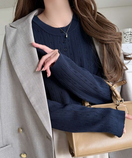透かし柄にひと目惚れ♪大人フェミニン、アイレット柄ヘンリーネックニット (長袖) ce1020405