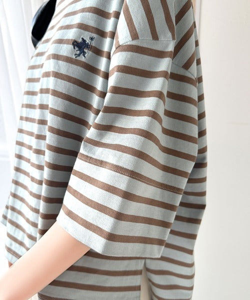 【sustaina+】ラフにキマる大人スタイル。オーガニックコットン100%オーバーサイズパネルボーダーTシャツ(半袖) ce1260324