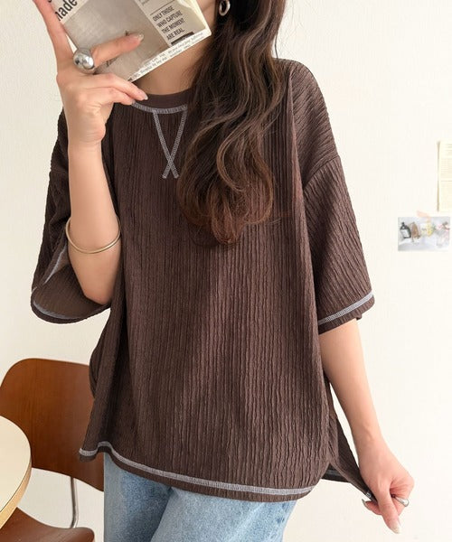 カラーで遊び心をプラス。配色ステッチ楊柳ガゼットトップス (半袖) ce1260626
