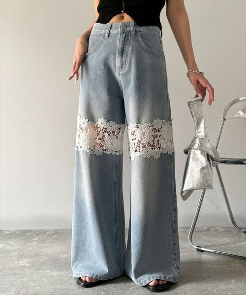 【mily bilet】特別な個性を持つオンリーワンの仕上がり！花柄レースワイドデニムパンツ mi1139076