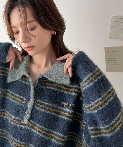メンズライクに女子っぽさを。胸刺繍ブークレ配色ボーダーニットポロ（長袖） ce1240142