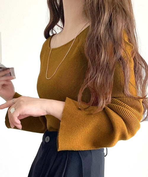 デコルテ美人を叶える、大人の上品アイテム♪ボートネックリブニットトップス（長袖） ce1260447