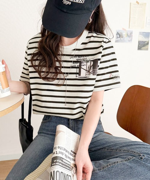 ラフでも品格、シンプルでも存在感。オーガニックコットン混 綿100％ グラフィック飛び刺繍フォトTシャツ（半袖） ce1260537