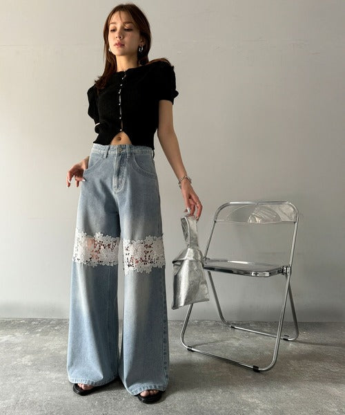 【mily bilet】特別な個性を持つオンリーワンの仕上がり！花柄レースワイドデニムパンツ mi1139076