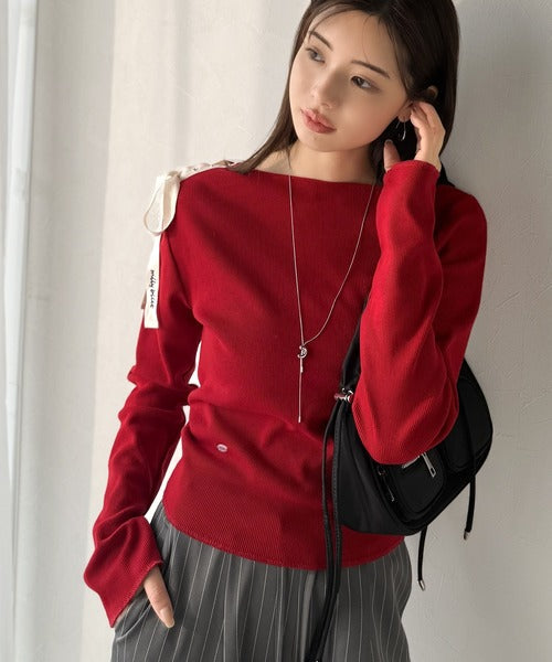 【mily bilet】甘さを添える大人の肌見せ。肩リボン使いスナップ２WAYワンオフショルカットソー（長袖） mi1329034