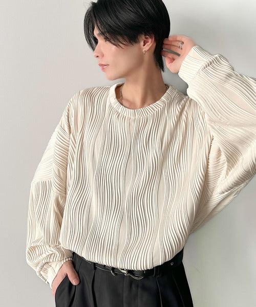 ゆるさとスタイリッシュを両立。オーバーサイズウェーブ柄ジャガード長袖Ｔシャツ cm1010428
