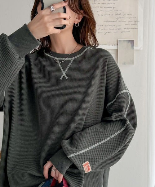 《JaVaジャバ 別注》シンプルなのに格上げ。2way配色ワッフルロンTee jv1260065