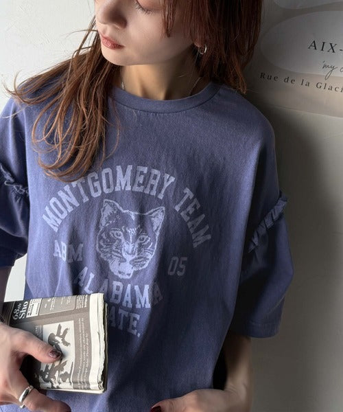 レディなヴィンテージスタイル。綿100％カレッジピグメント袖フリルTシャツ ce1020221