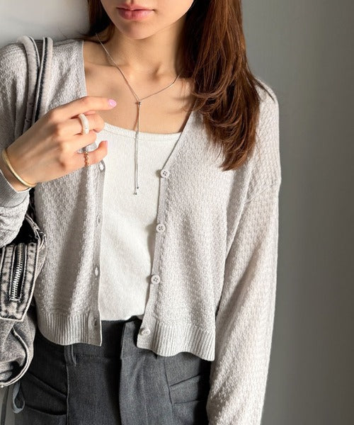 【mily bilet】抜け感とキラ感、どっちも欲張るのが正解◎箔プリントメッシュショート丈Vネックカーディガン(長袖) mi1259016