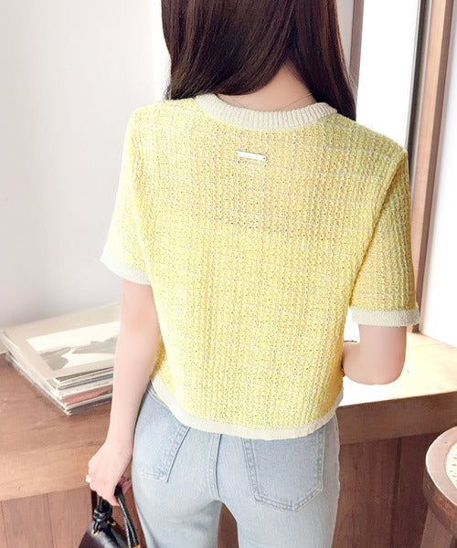 【mily bilet】さりげない華やぎで品よく可愛い♪パール釦ツイード編みロゴプレート付ニットカーディガン（半袖） mi1359057