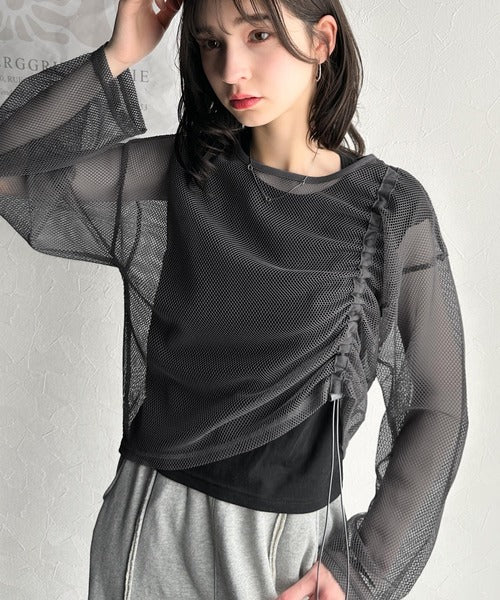《JaVa ジャバコラボ》大人上級スタイル。メッシュレイヤードバックプリントシャーリングトップス (インナータンクトップセット) jv1260403