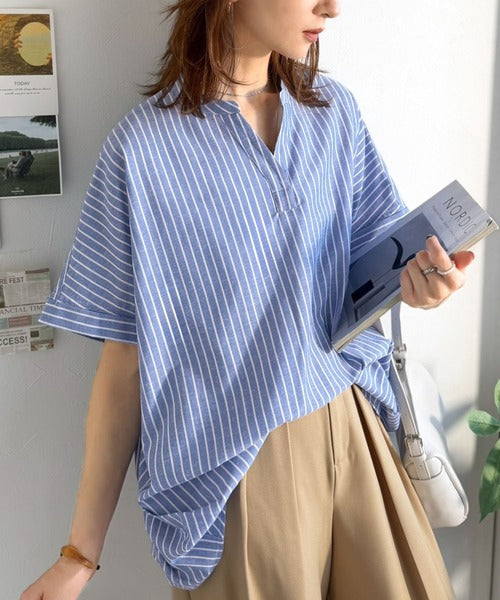 楽ちんな着心地×さらっとした肌触り。きれい見えも叶う一枚。リネン混バンドカラースキッパータックブラウス ce1265059