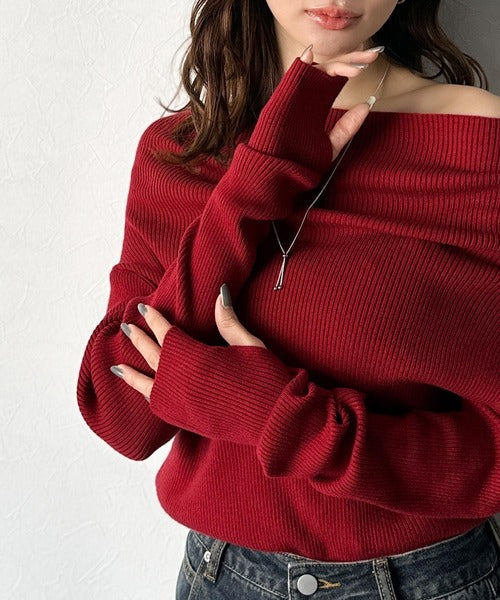 【mily bilet】立体的なシルエットが叶えるデコルテ魅せ♪指穴ドレープ使いファンオフショル２WAYリブニット mi1029137