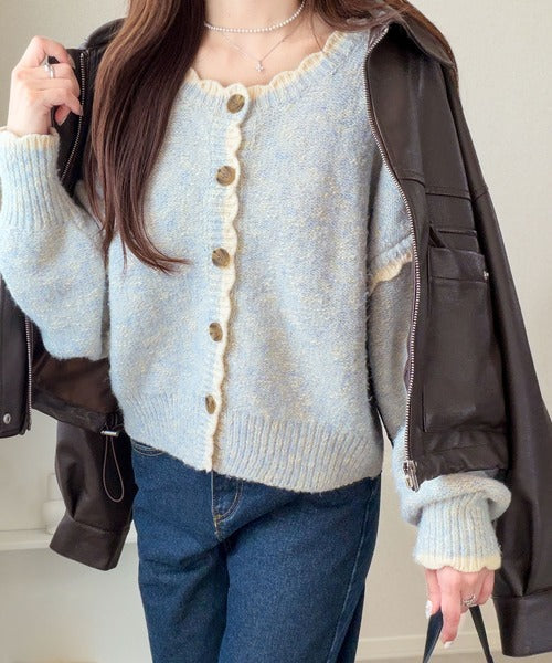 【mily bilet】どこから見ても、ときめきを纏う。前後2WAYスカラップ配色MIXヤーンニットカーディガン mi1029188