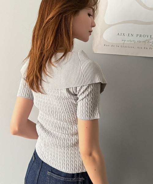 【mily bilet】抜け感レディースタイル。ロゴ刺繍オフショル２WAYダブルジップケーブル柄サマーニット（半袖） mi1029121