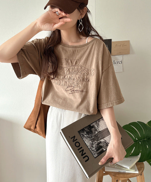 綿100%メンズライクヴィンテージウォッシュ☆前後2way刺繍ワイドネックTシャツ ce1260421