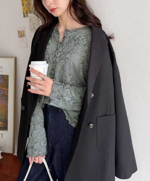 コーデに花を咲かせる♪花柄シアージャガードヘンリーネックフリル使いトップス（長袖） ce1010687
