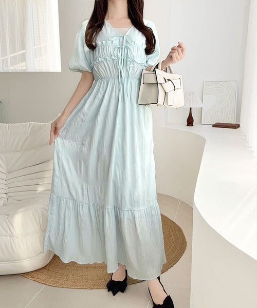 【mily bilet】1枚で華やぐ♪揺れ感シアーフリルリボンプリーツロングワンピース mi1019134