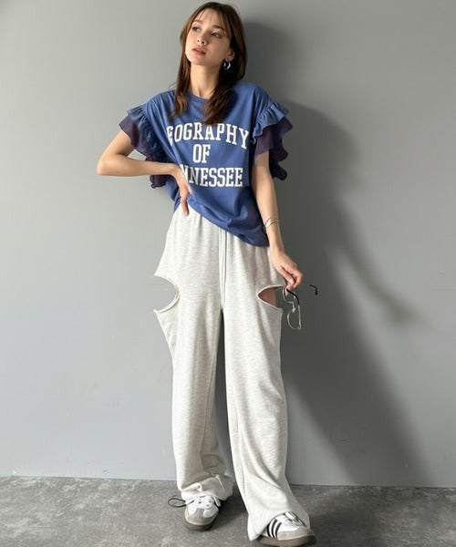 【mily bilet】可愛さふわり2倍増し！ ダブルフリル袖カレッジライクロゴゆるTシャツ mi1329036
