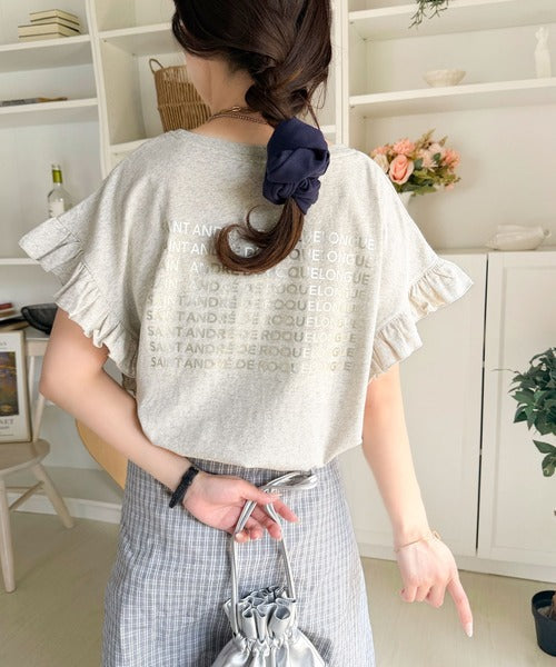 《JaVaジャバコラボ》着るだけで主役級。綿100％バック箔プリント袖フリルTシャツ（半袖） jv1330104