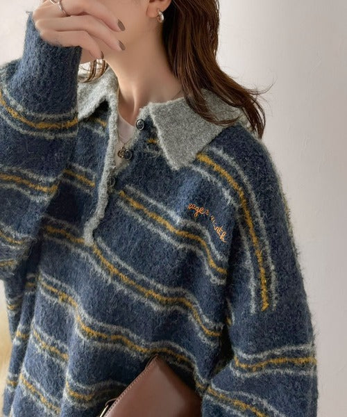 メンズライクに女子っぽさを。胸刺繍ブークレ配色ボーダーニットポロ（長袖） ce1240142